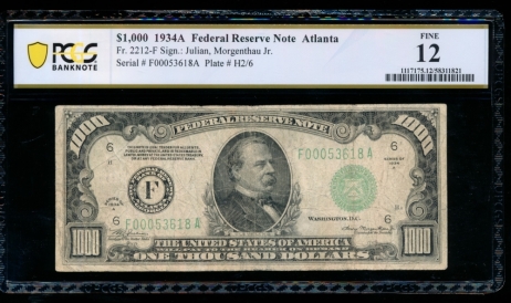 Fr. 2212-F 1934A $1,000  Federal Reserve Note Atlanta PCGS 12 F00053618A