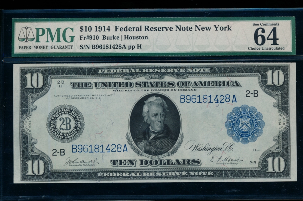 Fr. 910 1914 $10  Federal Reserve Note New York PMG 64EPQ B96181428A