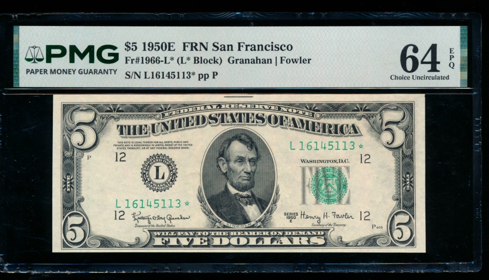 Fr. 1966-L 1950E $5  Federal Reserve Note San Francisco star PMG 64EPQ L16145113*