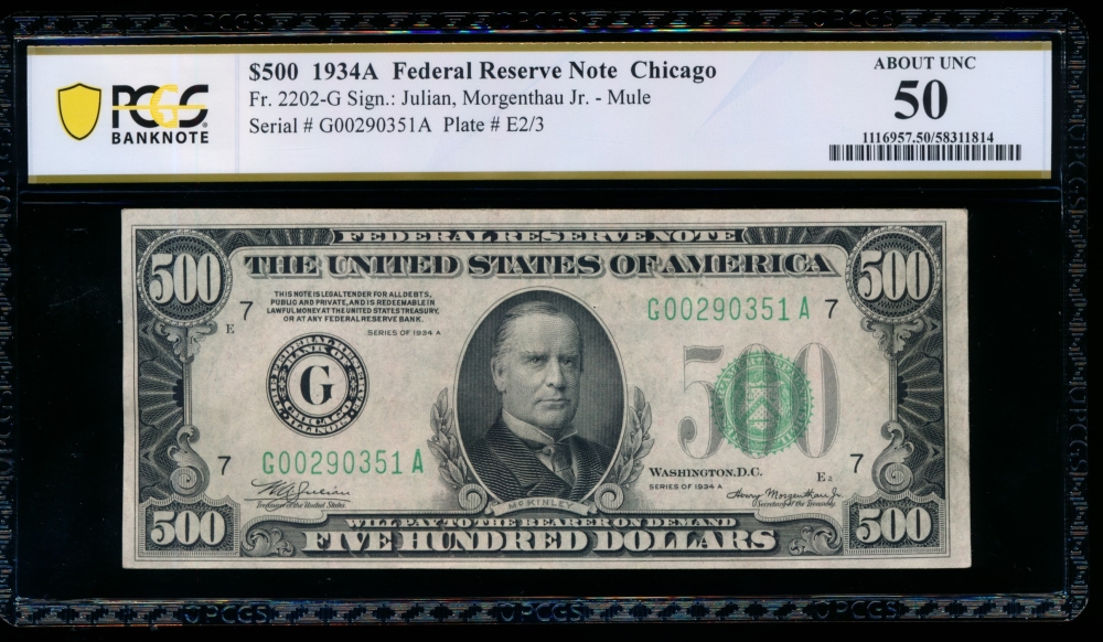 Fr. 2202-G 1934A $500  Federal Reserve Note Chicago PCGS 50 G00290351A