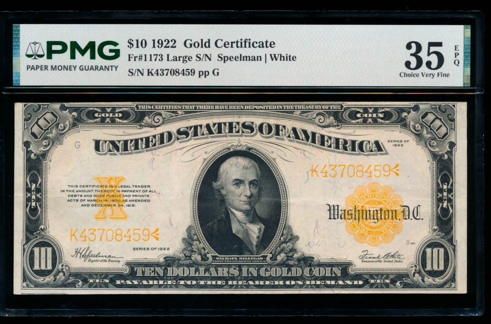 Fr. 1173 1922 $10  Gold Certificate  PMG 35EPQ K43708459