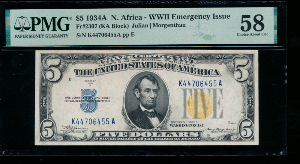 Fr. 2307 1934A $5  North Africa  PMG 58 K44706455A