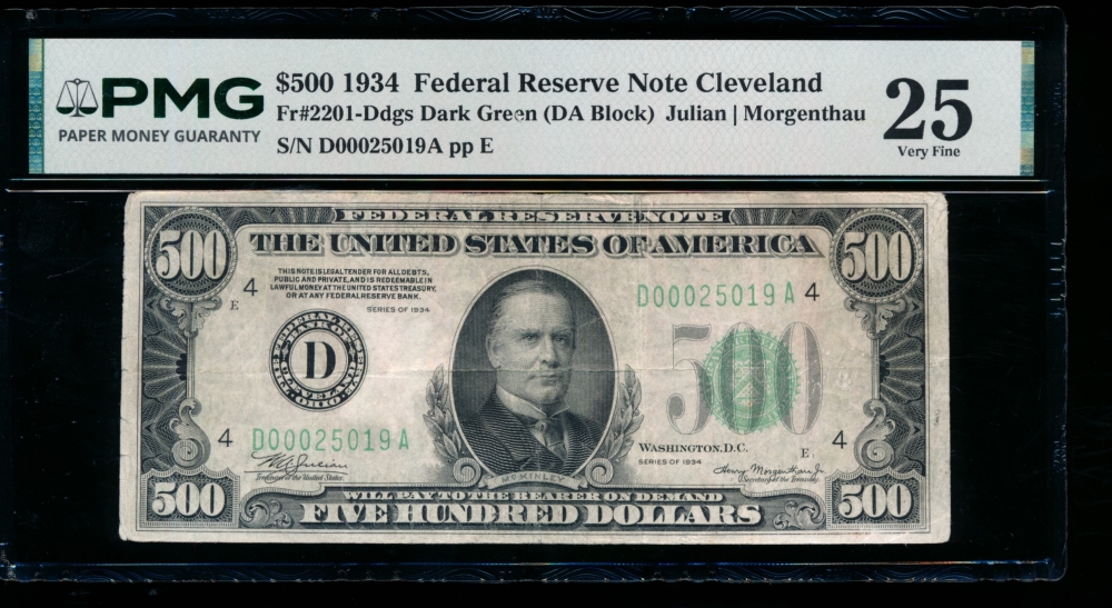 Fr. 2201-D 1934 $500  Federal Reserve Note Cleveland PMG 25 D00025019A