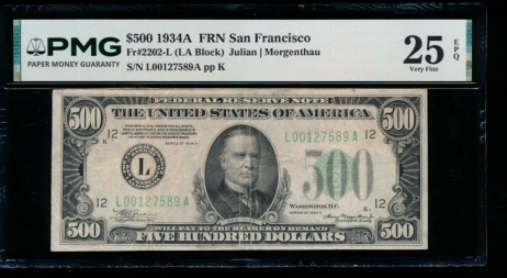 Fr. 2202-L 1934A $500  Federal Reserve Note San Francisco PMG 25EPQ L00127589A