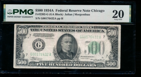 Fr. 2202-G 1934A $500  Federal Reserve Note Chicago PMG 20 comment G00176432A