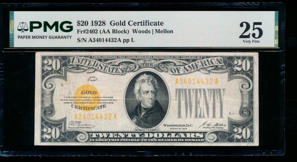 Fr. 2402 1928 $20  Gold Certificate  PMG 25 A34014432A