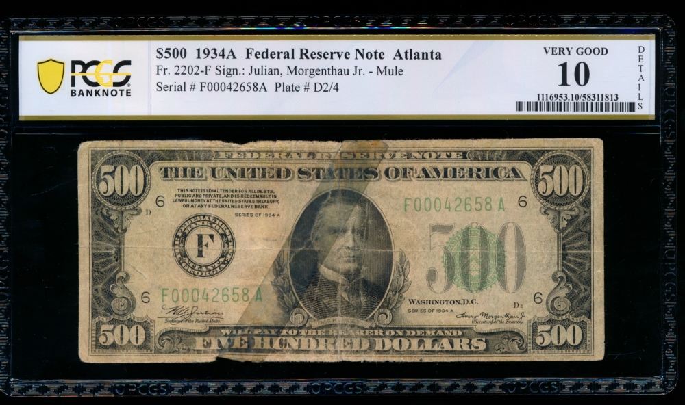 Fr. 2202-F 1934A $500  Federal Reserve Note Atlanta PCGS 10 details F00042658A