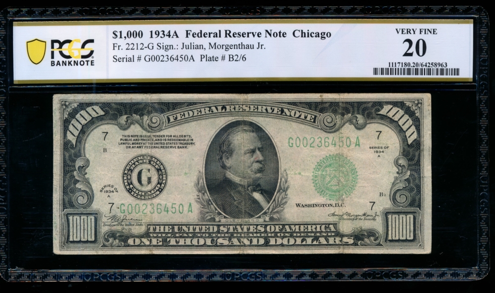 Fr. 2212-G 1934A $1,000  Federal Reserve Note Chicago PCGS 20 G00236450A