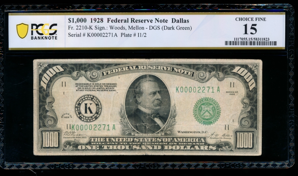 Fr. 2210-K 1928 $1,000  Federal Reserve Note Dallas PCGS 15 comment K00002271A