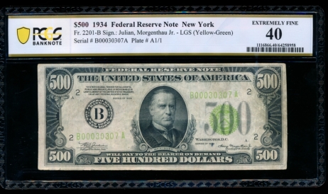 Fr. 2201-B 1934 $500  Federal Reserve Note New York LGS PCGS 40 comment B00030307A