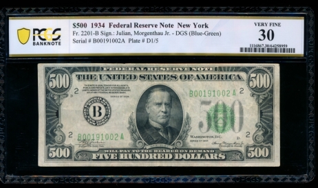 Fr. 2201-B 1934 $500  Federal Reserve Note New York PCGS 30 B00191002A