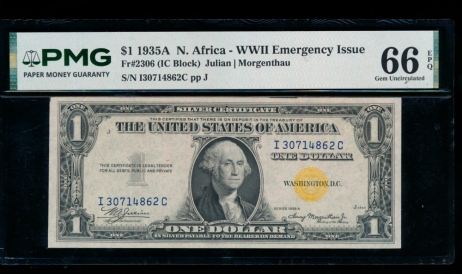 Fr. 2306 1935A $1  North Africa IC block PMG 66EPQ I30714862C