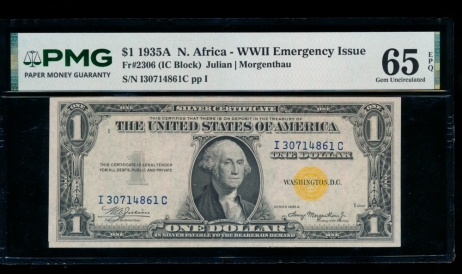 Fr. 2306 1935A $1  North Africa IC block PMG 65EPQ I30714861C