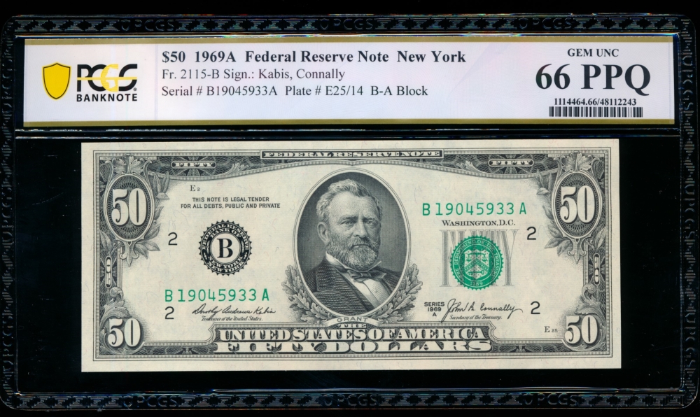 Fr. 2115-B 1969A $50  Federal Reserve Note New York PCGS 66PPQ B19045933A