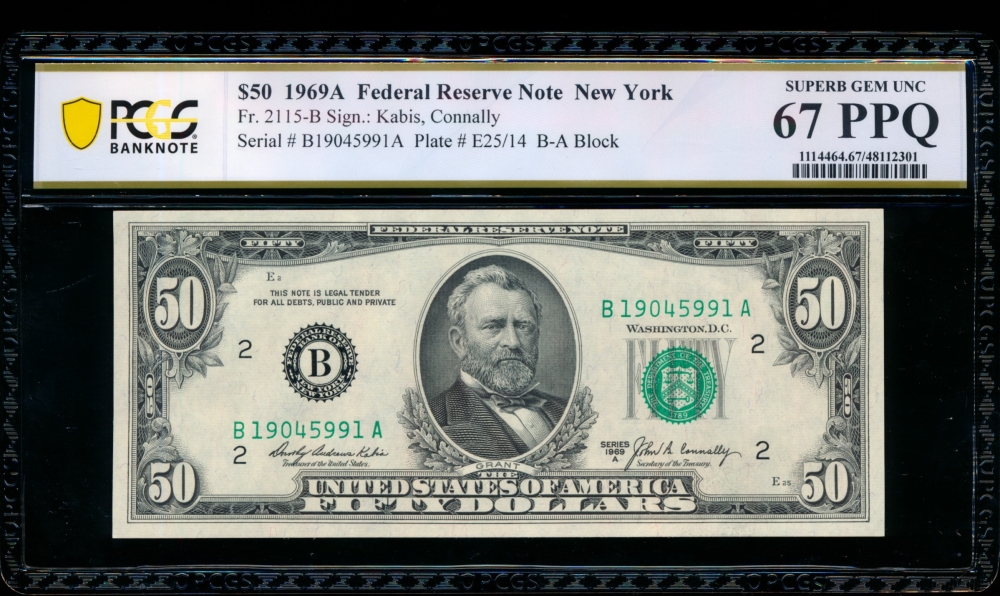 Fr. 2115-B 1969A $50  Federal Reserve Note New York PCGS 67PPQ B19045991A
