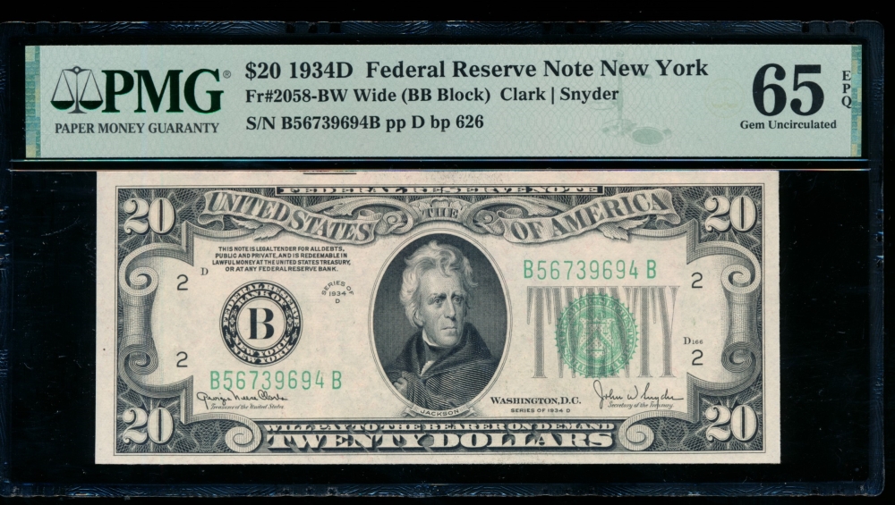 Fr. 2058-B 1934D $20  Federal Reserve Note Wide, BB block PMG 65EPQ B56739694B