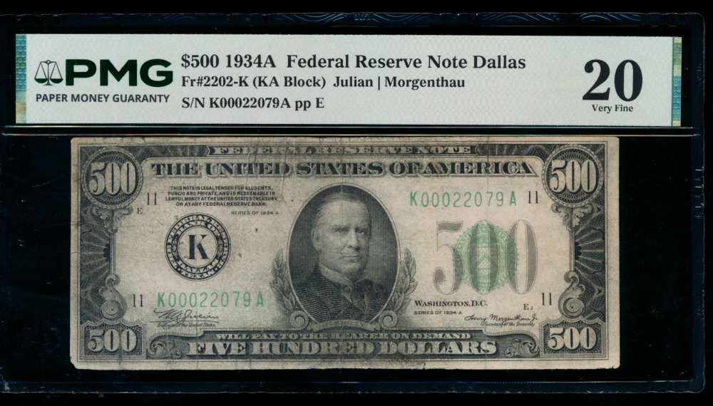 Fr. 2202-K 1934A $500  Federal Reserve Note Dallas PMG 20 comment K00022079A