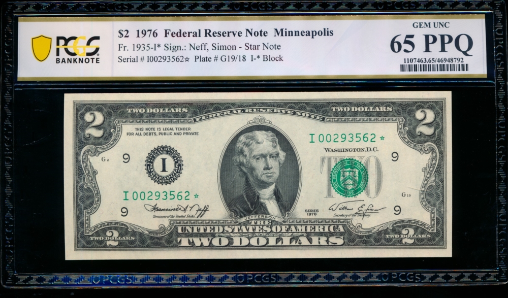 Fr. 1935-I 1976 $2  Federal Reserve Note Minneapolis star PCGS 65PPQ I00293562*