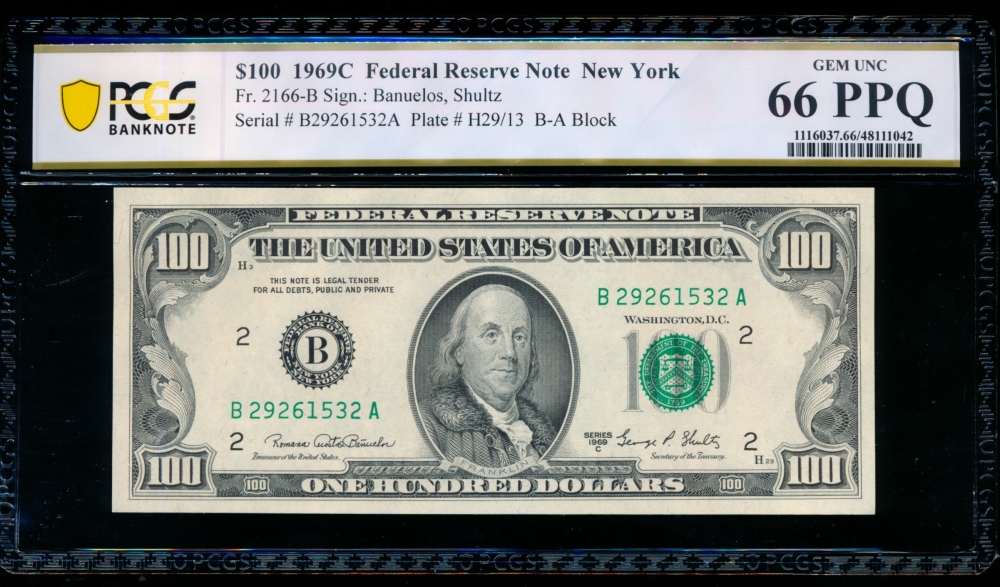 Fr. 2166-B 1969C $100  Federal Reserve Note New York PCGS 66PPQ B27261532A