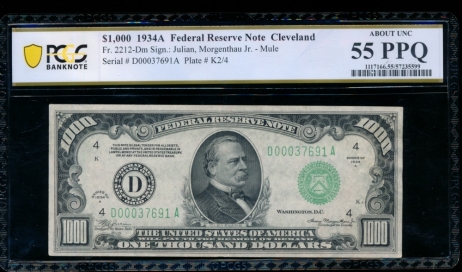 Fr. 2212-D 1934A $1,000  Federal Reserve Note Cleveland PCGS 55PPQ D00037691A
