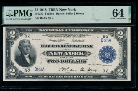 Fr. 750 1918 $2  FRBN low serial number PMG 64EPQ B23A