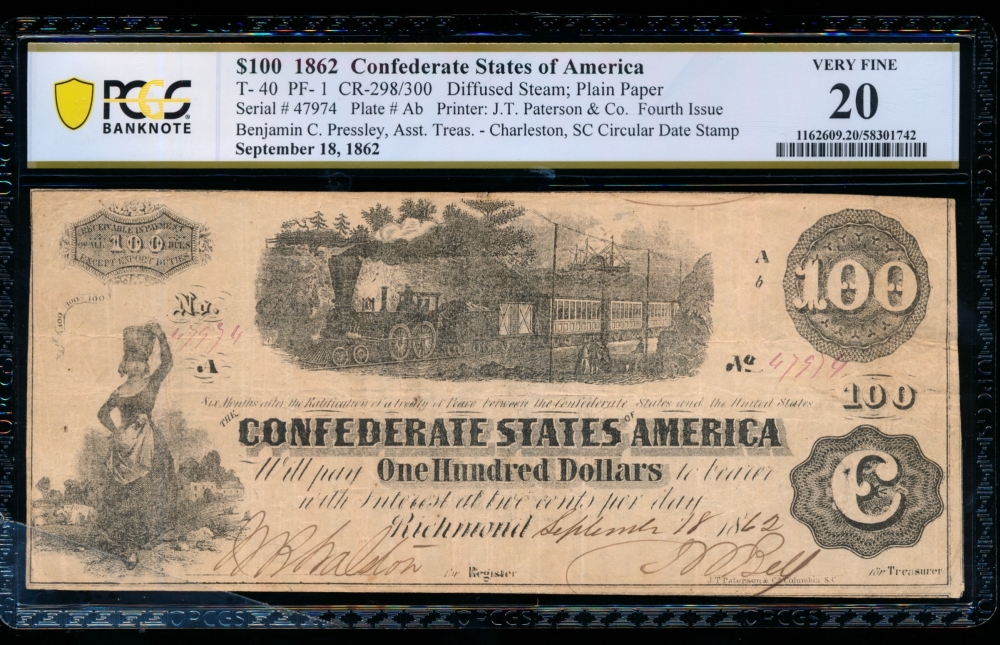 Fr. T-40 1862 $100  Confederate  PCGS 20 47974