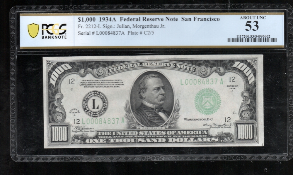 Fr. 2212-L 1934A $1,000  Federal Reserve Note San Francisco PCGS 53 L00084837A