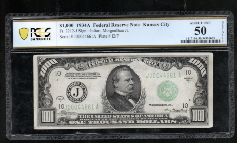 Fr. 2212-J 1934A $1,000  Federal Reserve Note Kansas City PCGS 50 details J00044661A