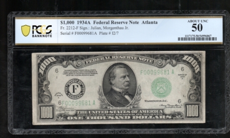 Fr. 2212-F 1934A $1,000  Federal Reserve Note Atlanta PCGS 50 comment F00099681A