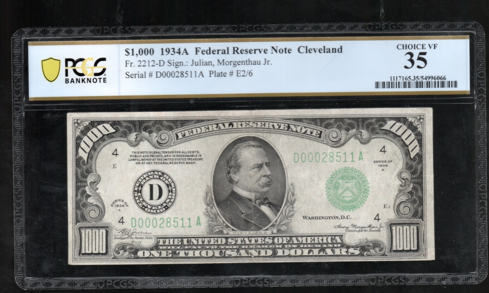 Fr. 2212-D 1934A $1,000  Federal Reserve Note Cleveland PCGS 35 comment D00028511A