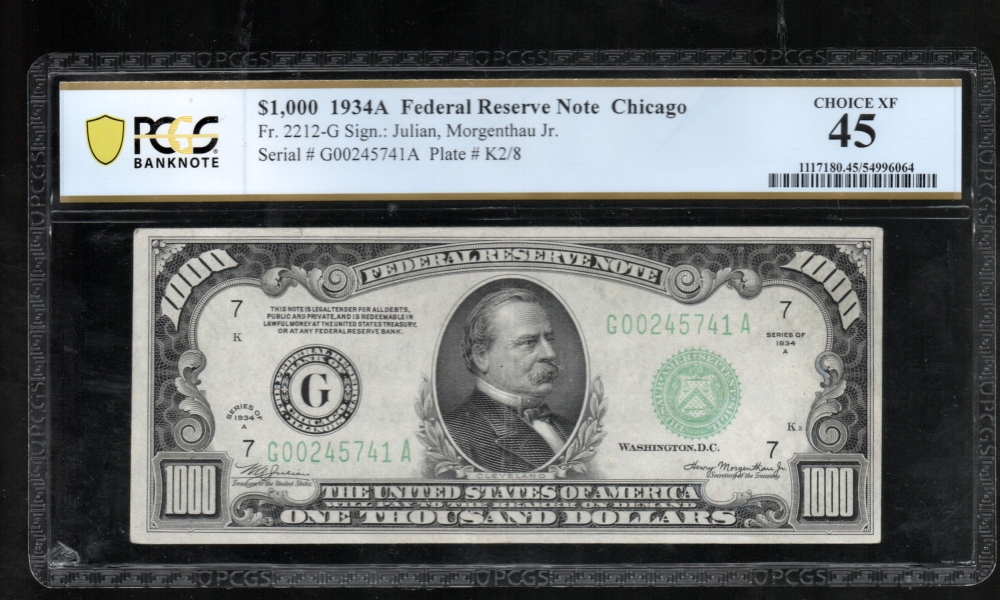 Fr. 2212-G 1934A $1,000  Federal Reserve Note Chicago PCGS 45 comment G00245741A