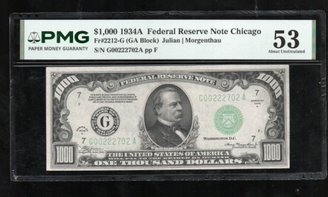 Fr. 2212-G 1934A $1,000  Federal Reserve Note Chicago PMG 53 G00222702A