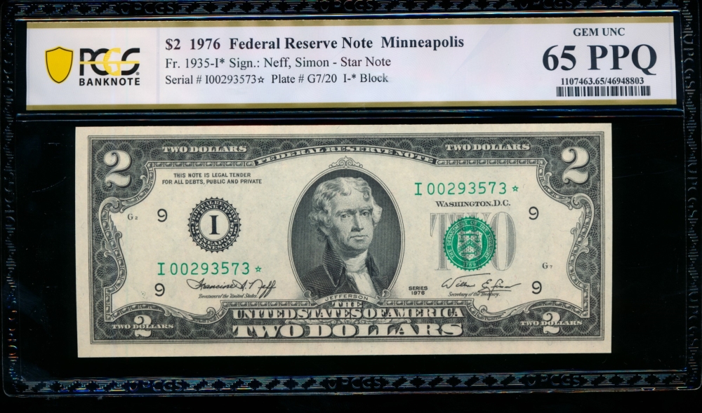 Fr. 1935-I 1976 $2  Federal Reserve Note Minneapolis star PCGS 65PPQ I00293573*