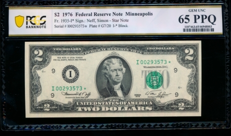 Fr. 1935-I 1976 $2  Federal Reserve Note Minneapolis star PCGS 65PPQ I00293573*