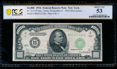 Fr. 2211-B 1934 $1,000  Federal Reserve Note New York PCGS 53 B00323330A