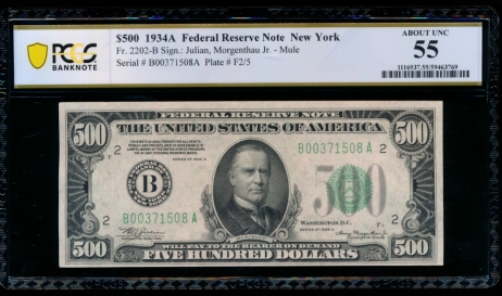 Fr. 2202-B 1934A $500  Federal Reserve Note New York PCGS 55 B00371508A