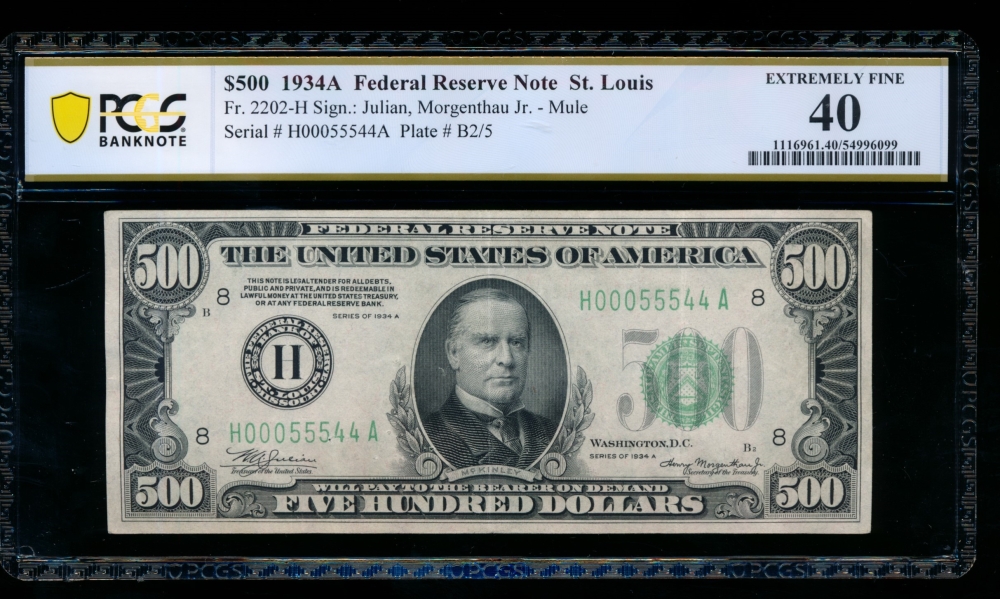 Fr. 2202-H 1934A $500  Federal Reserve Note Saint Louis PCGS 40 comment H00055544A