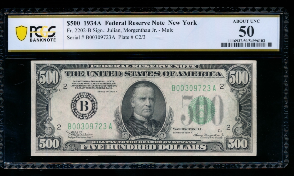 Fr. 2202-B 1934A $500  Federal Reserve Note New York PCGS 50 B00309723A