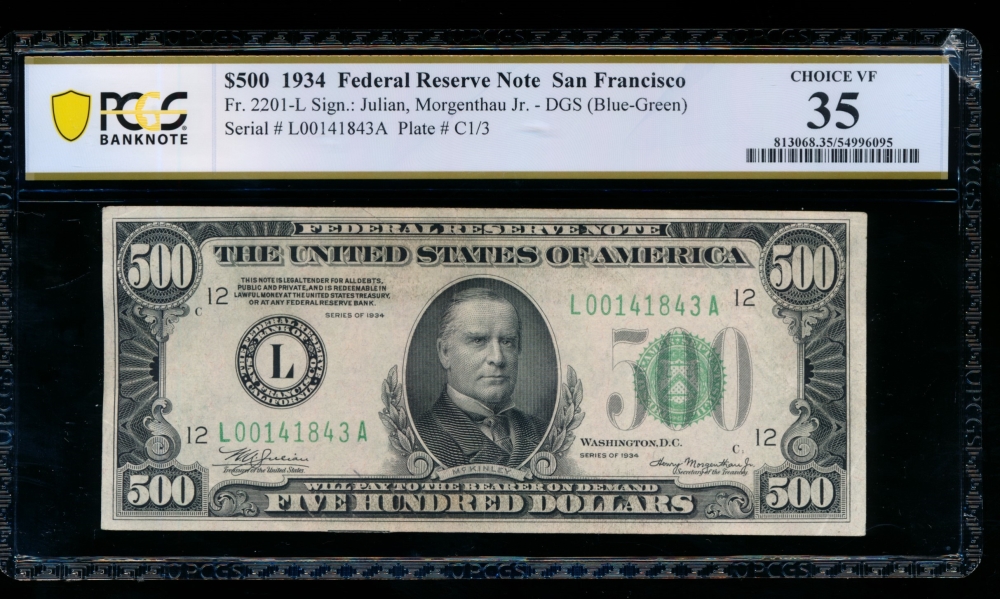 Fr. 2201-L 1934 $500  Federal Reserve Note San Francisco LGS PCGS 30 comment L00003642A