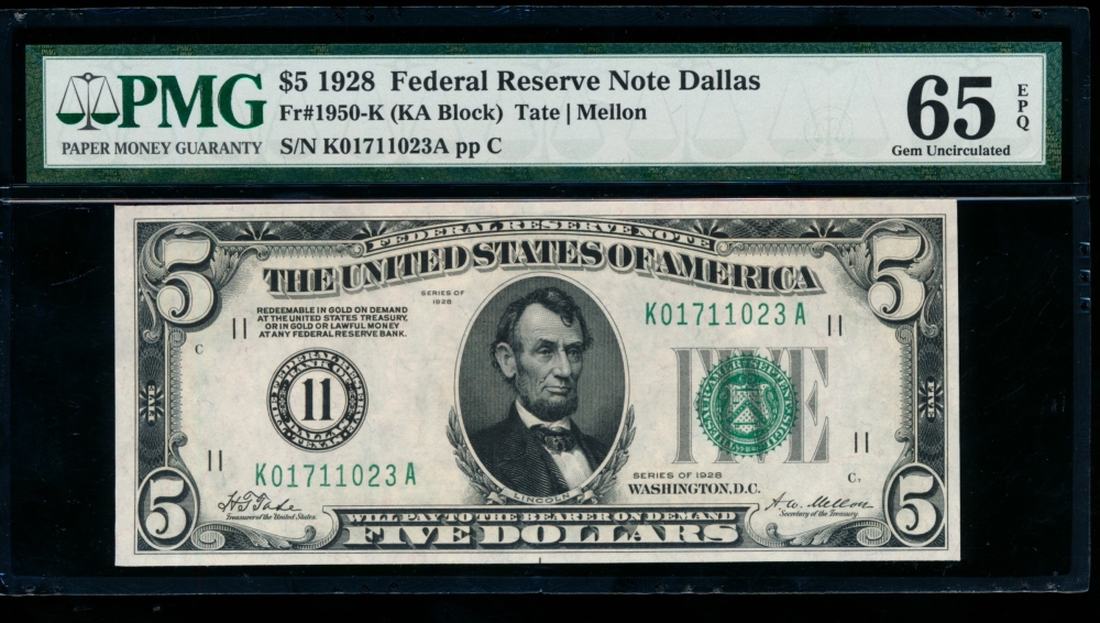 Fr. 1950-K 1928 $5  Federal Reserve Note Dallas PMG 65EPQ K01711023A