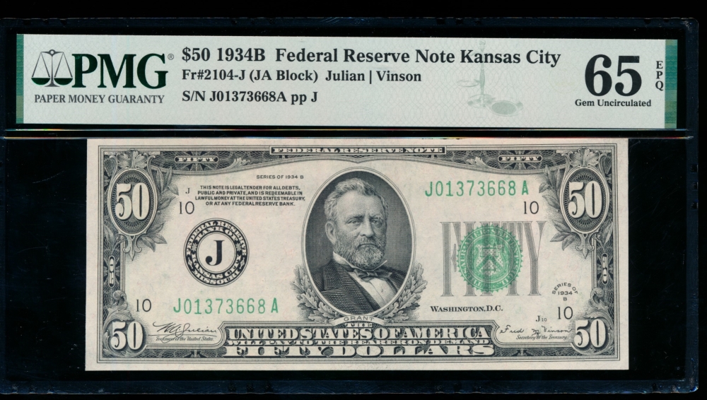 Fr. 2104-J 1934B $50  Federal Reserve Note Kansas City PMG 65EPQ J01373668A