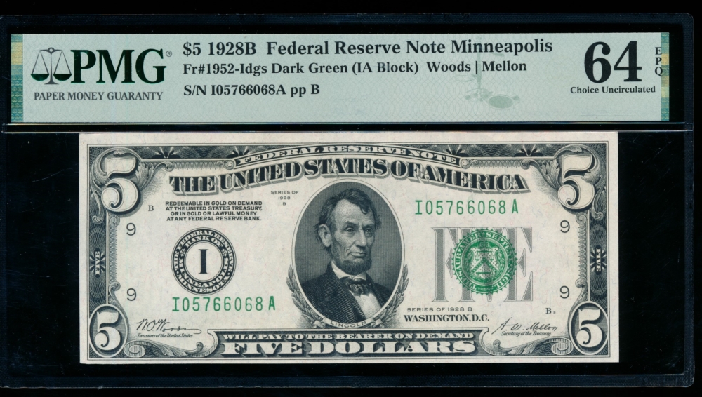 Fr. 1952-I 1928B $5  Federal Reserve Note Minneapolis PMG 64EPQ I05766068A