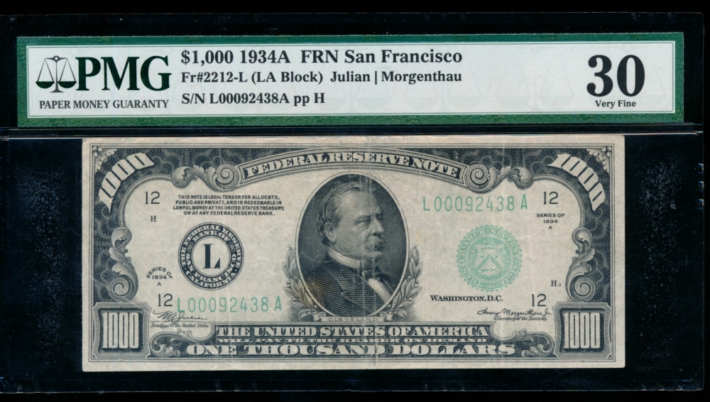 Fr. 2212-L 1934A $1,000  Federal Reserve Note San Francisco PMG 30 L00092438A