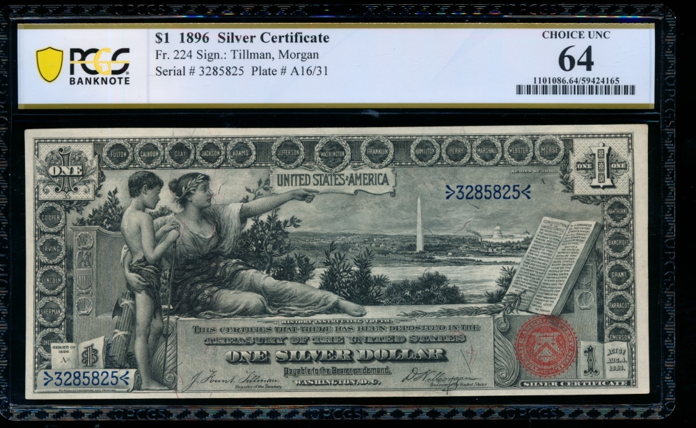Fr. 224 1896 $1  Silver Certificate  PCGS 64 3285825