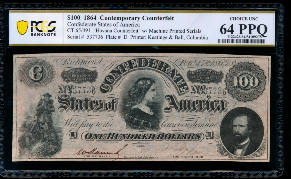 Fr. CT-65 1864 $100  Confederate Counterfeit PCGS 64PPQ 37736