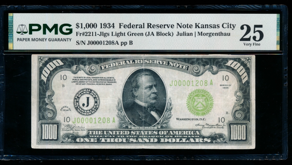 Fr. 2211-J 1934 $1,000  Federal Reserve Note Kansas City LGS PMG 25 comment J00001208A