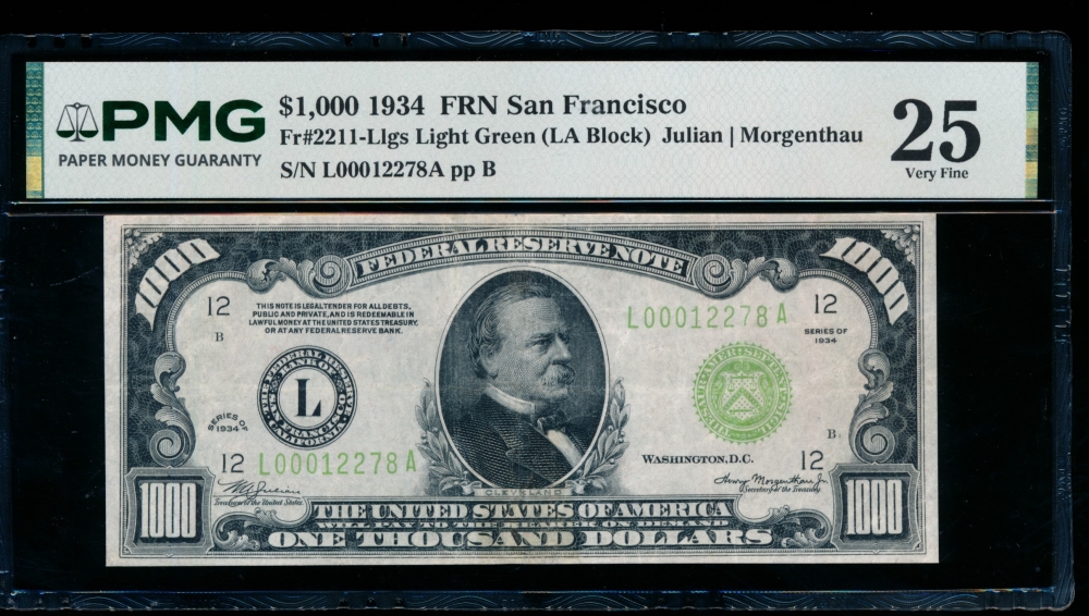 Fr. 2211-L 1934 $1,000  Federal Reserve Note San Francisco LGS PMG 25 comment L00012278A