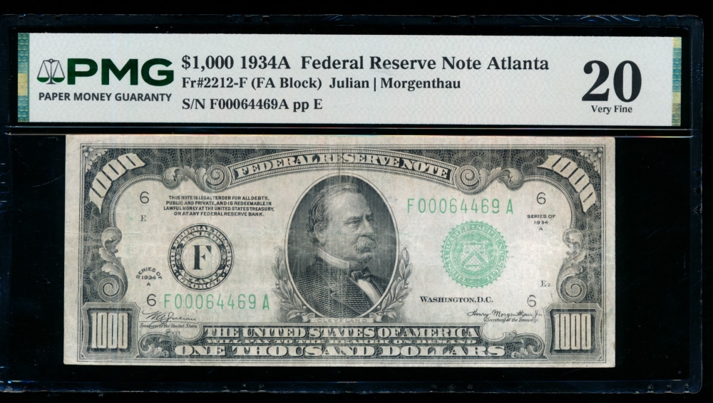 Fr. 2212-F 1934A $1,000  Federal Reserve Note Atlanta PMG 20 F00064469A