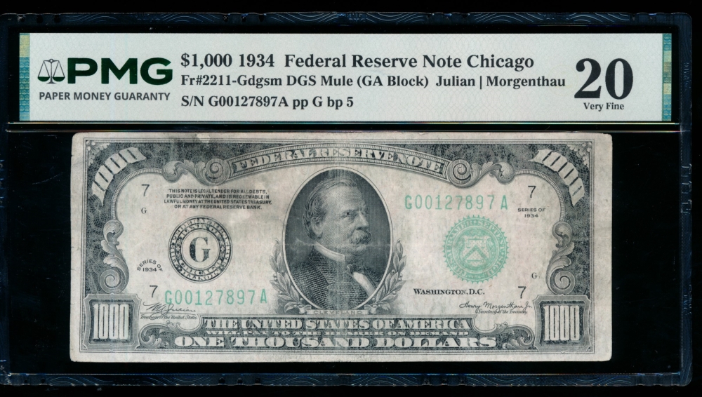 Fr. 2211-G 1934 $1,000  Federal Reserve Note Chicago PMG 20 G00127897A