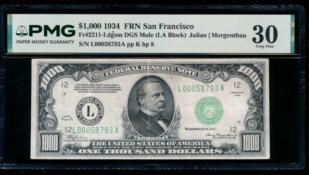 Fr. 2211-L 1934 $1,000  Federal Reserve Note San Francisco PMG 30 L00058793A